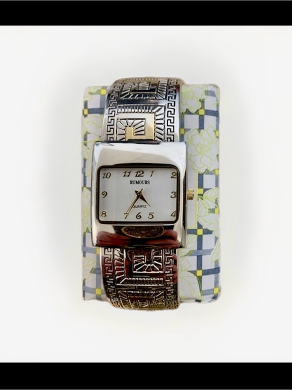 VTG Art Deco Chunky Hinge Cuff Statement Watch Bracelet Greek Key Scroll WORKING